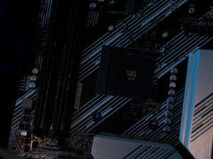 A close-up view of a computer motherboard.