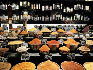 An assortment of spices found in Essex Market in Lower East Side. 