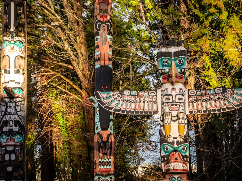 Vancouver Stanley Park "Indian Totem Poles" aboriginal indigenous tribe art and culture in winter light.