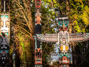 Vancouver Stanley Park "Indian Totem Poles" aboriginal indigenous tribe art and culture in winter light.