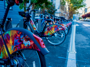 A picture of Lyft bikes for rent at a San Francisco street in 2021