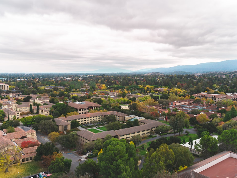 a city with many buildings and trees
