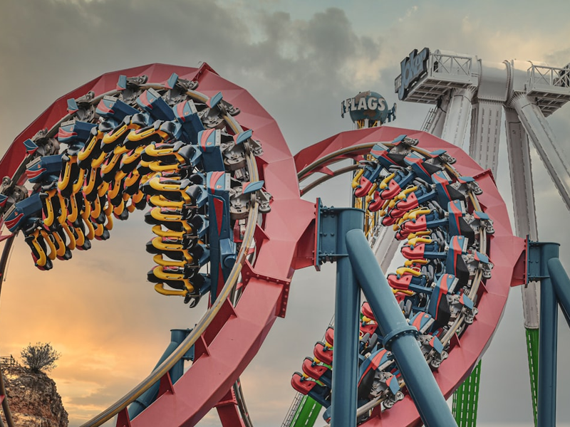 A stitch shot of Superman Krypton Coaster located at Six Flags Fiesta Texas.