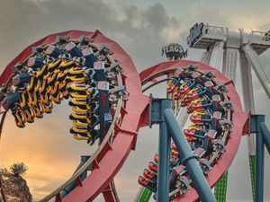 A stitch shot of Superman Krypton Coaster located at Six Flags Fiesta Texas.