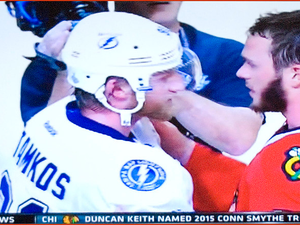 Tampa Bay Lightning Captain Steven Stamkos and Chicago Blackhawk Captain Jonathan Toews Shake Hands at Center Ice After Game 6 of the 2015 Stanley Cup Finals -- United Center Chicago (IL) June 15, 2015