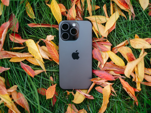 Black Friday tech vibes – Photo of a space gray iPhone Pro sitting in fall leaves.