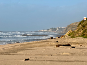 a sandy beach with waves coming in to shore