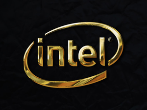 a gold intel logo on a black background