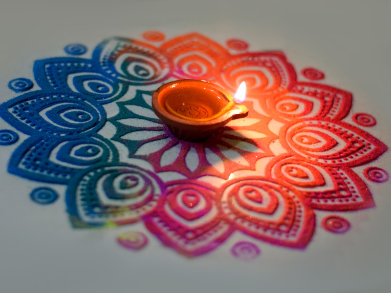 Rangoli made using stencil on Diwali festival celebration.