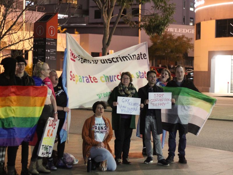 LGBTIQA+ rights activists protest queer conversion practices/therapy. Perth.
