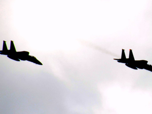Group of 4 F-15 fighter jets circling over Reading near I-93/I-95, waiting for Fenway Park flyover for the Independence Day game for the Boston Red Sox & Toronto Blue Jays