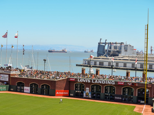 View from Club Level at Oracle Park looking across the Bay towards Oakland as Andrew McCutcheon man's right field. Best yard in baseball.