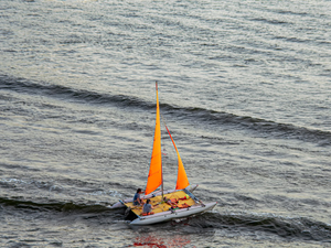 There is a catamaran with orange sails on the Dnipro river