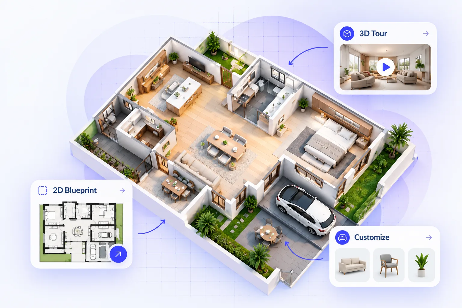3DS Planner online floor planner interface showing a 2D floor plan and 3D room layout