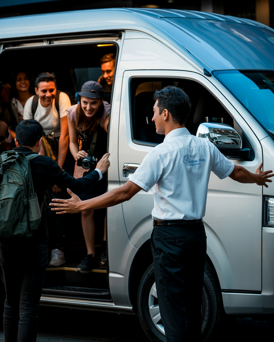 Un conductor profesional y amigable junto a un vehículo de transporte moderno.