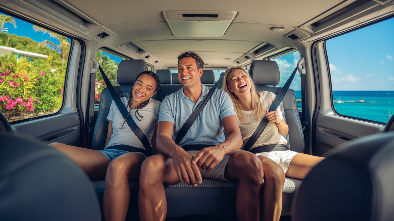 A modern transport van on a scenic road at sunset in the Dominican Republic.