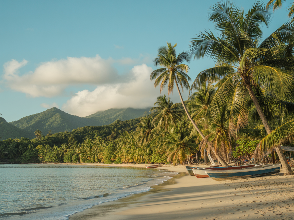 Una serena playa tropical en Samaná con palmeras y aguas tranquilas.