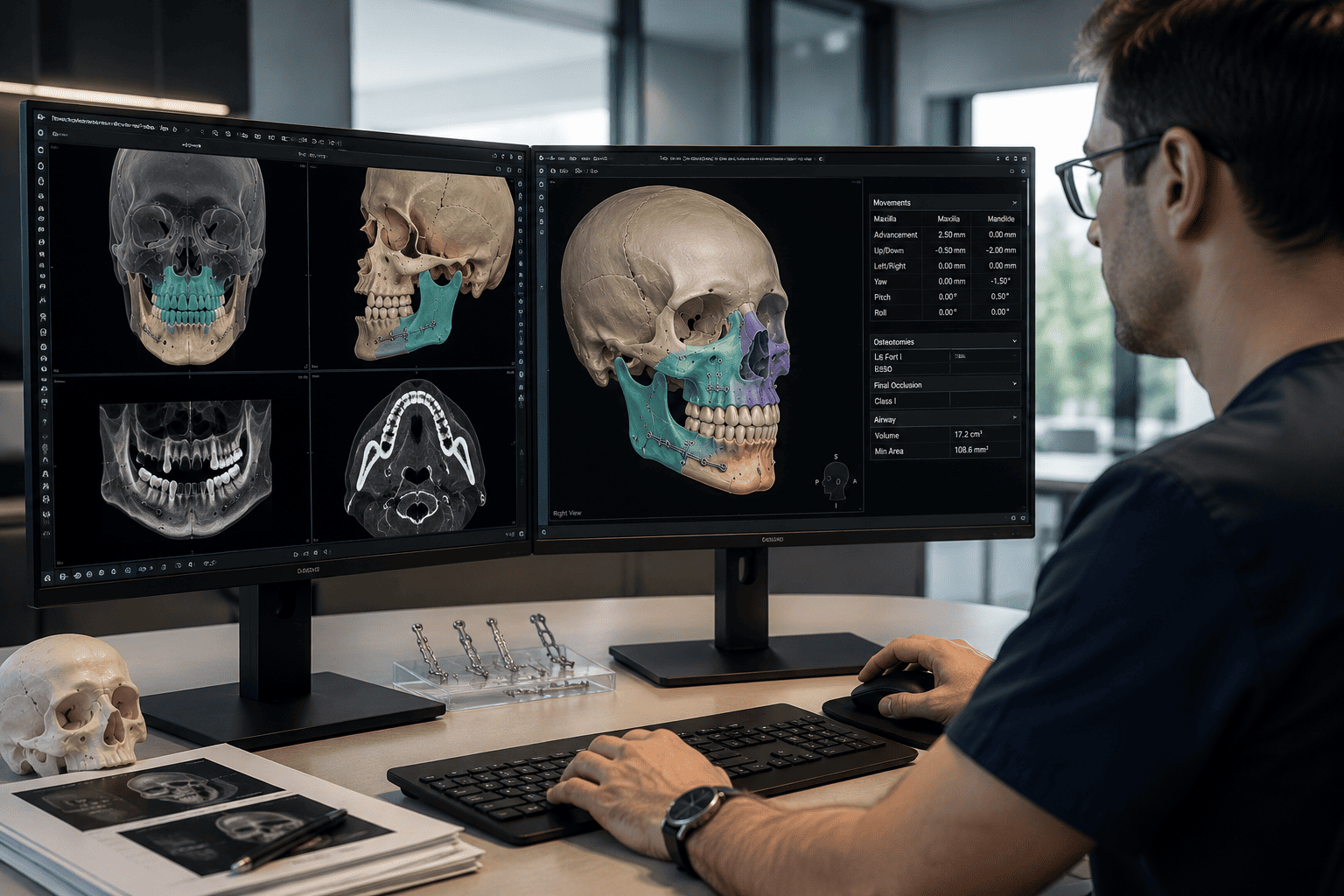Cirujano maxilofacial realizando una planificación quirúrgica virtual 3D de la anatomía craneofacial.