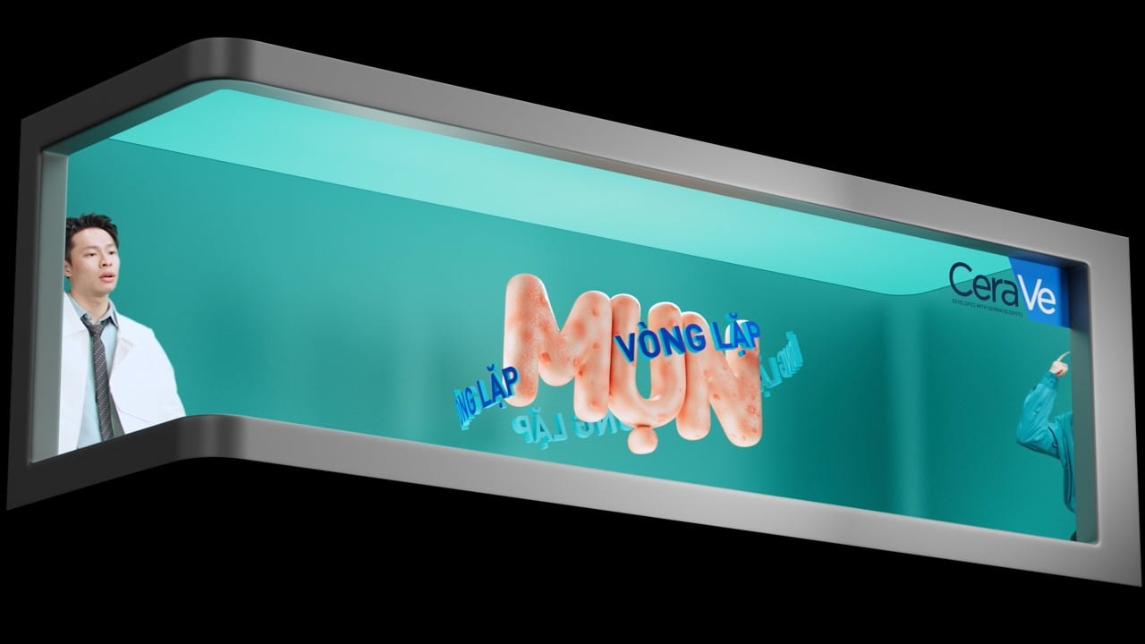 CeraVe 3D billboard frame with the words for the acne loop inside a drawn box and a model standing beside them