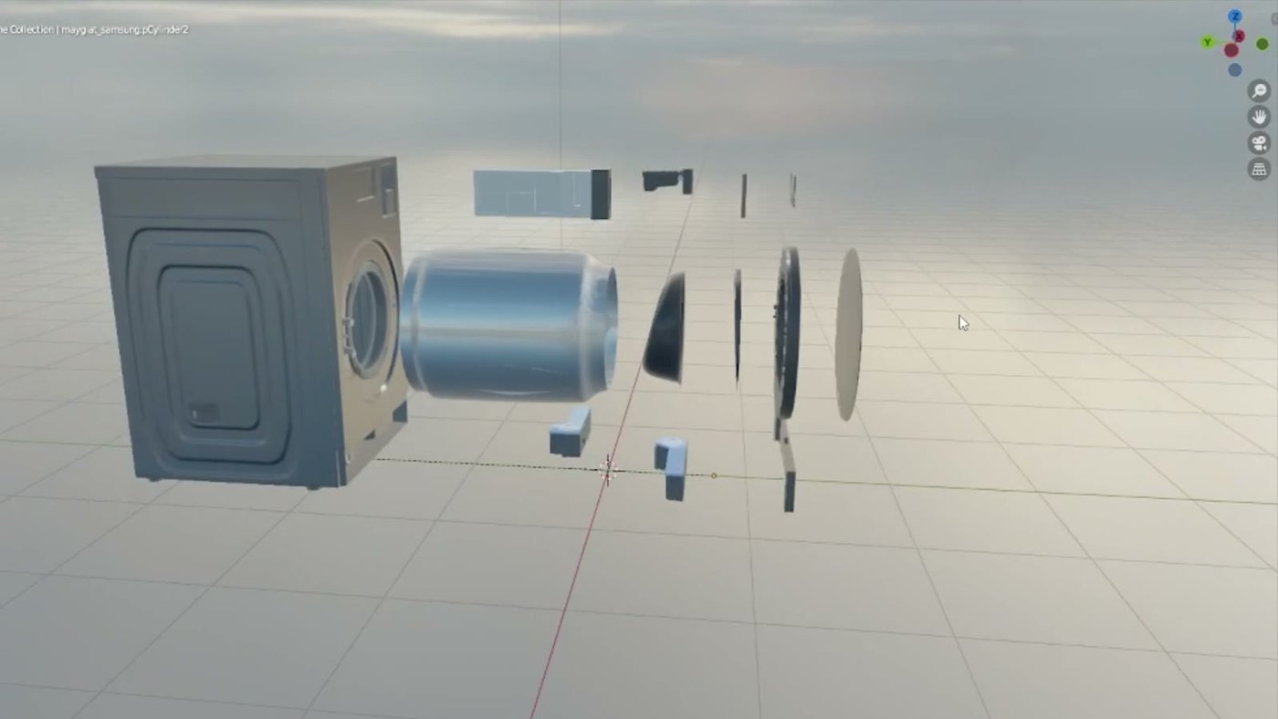 A washing machine taken apart into its parts as a 3D model