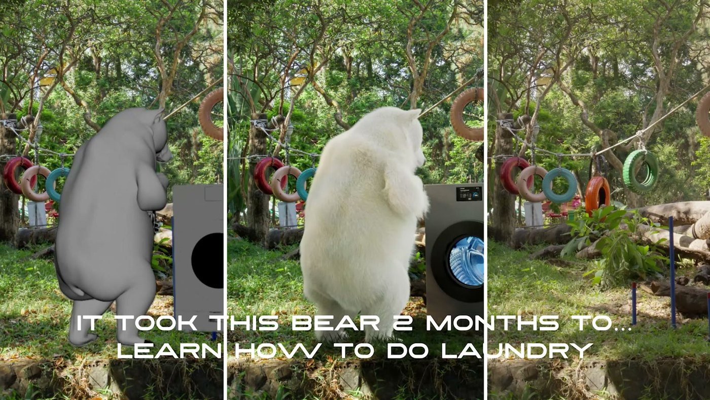 Three stages of a CG polar bear beside a washing machine: grey model, white fur, finished render