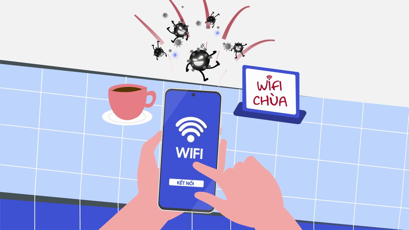 Animated frame of a phone joining public Wi-Fi while cartoon malware bugs hover above it, from a Samsung Knox Vault film