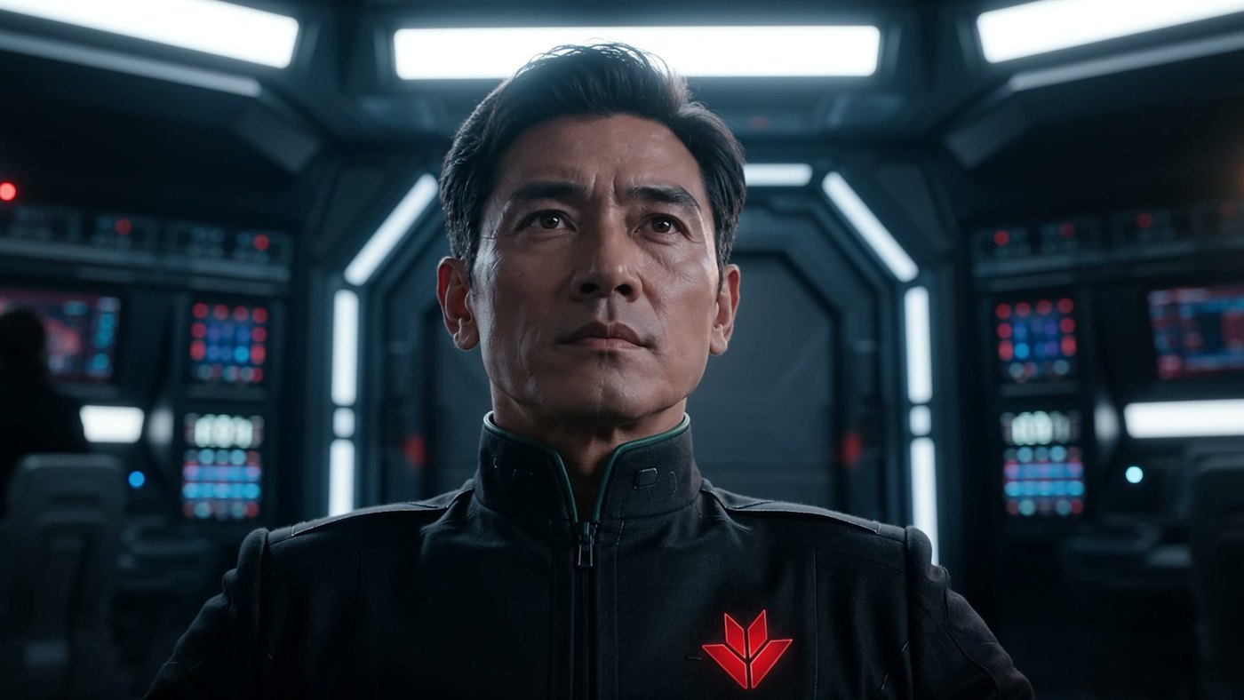 AI-generated frame of a man in uniform on the bridge of a spacecraft, from VPBank's The North Star