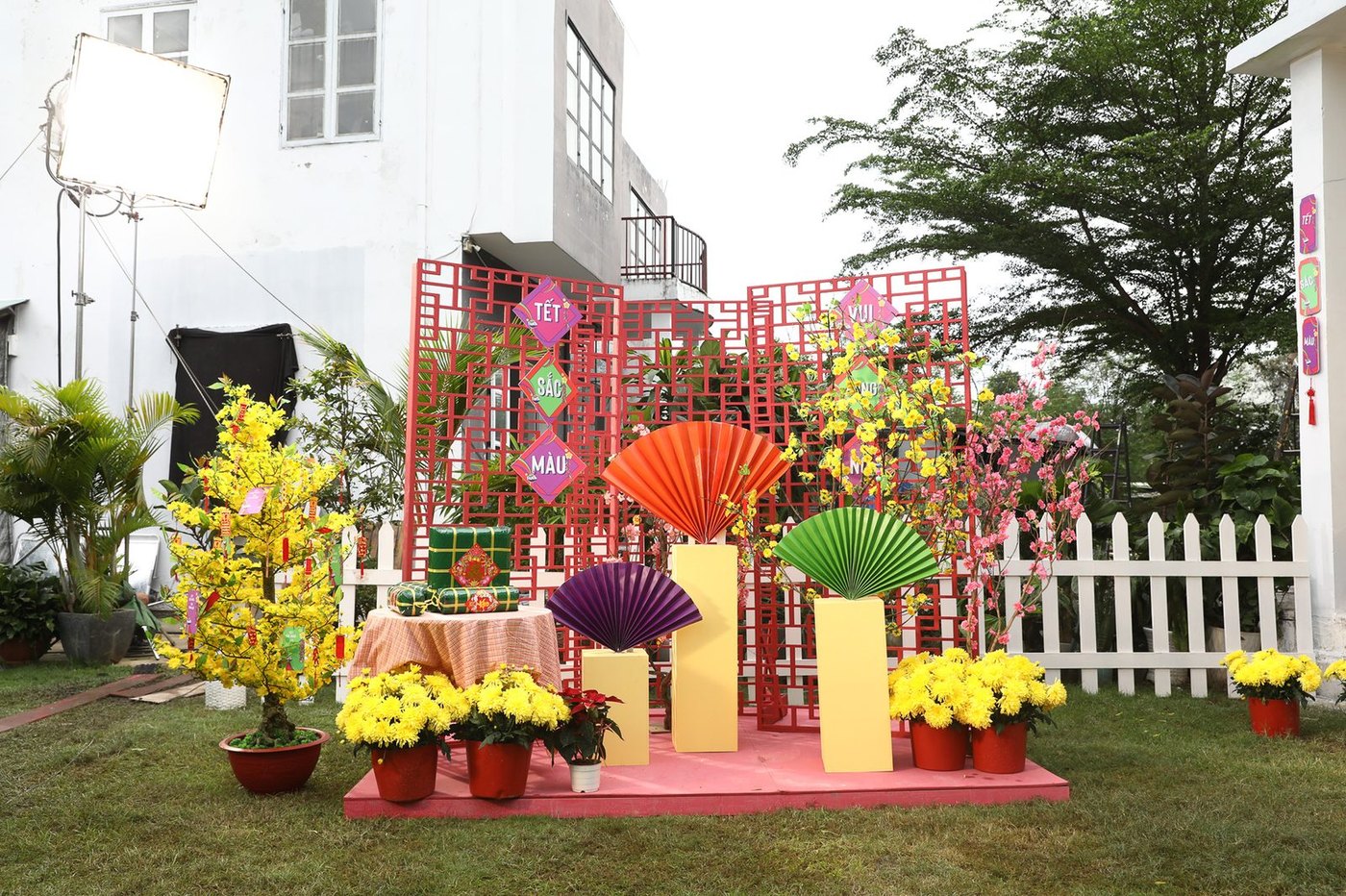 A garden set dressed for Tết with apricot blossom, lanterns and a pink lattice for a Fanta shoot