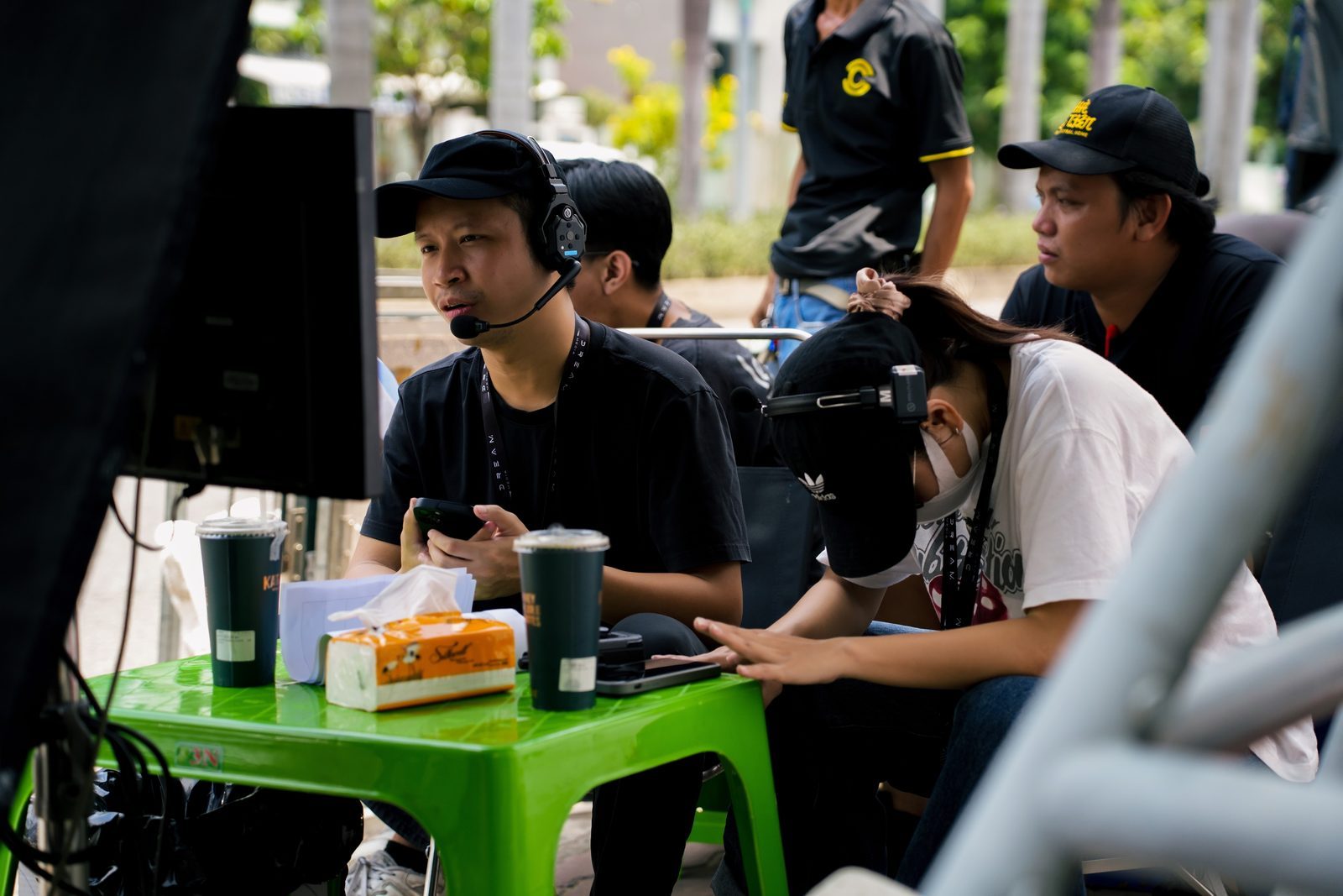 Samsung, video village on a plastic table