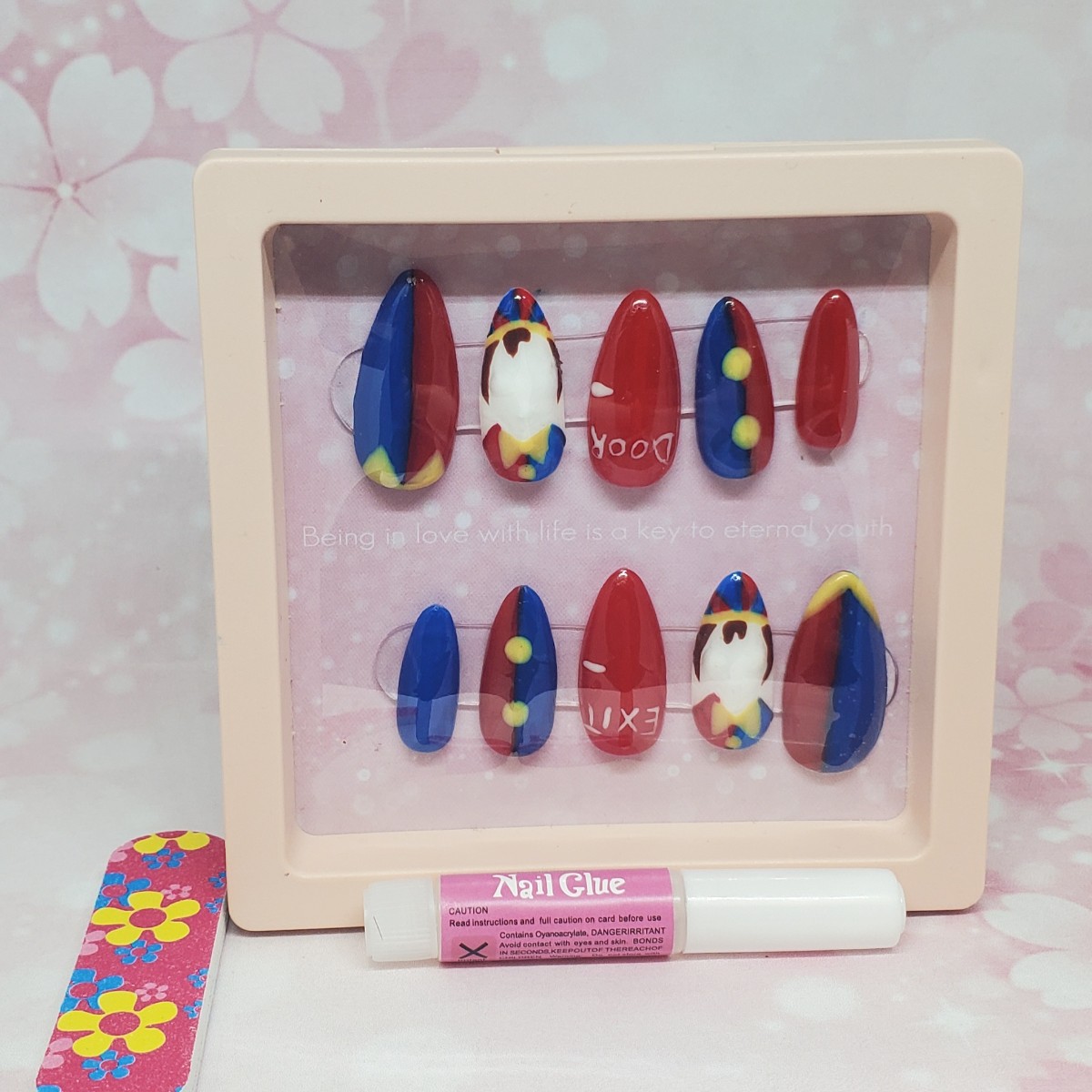 "The Amazing Digital Circus" themed Pomni press-on nails