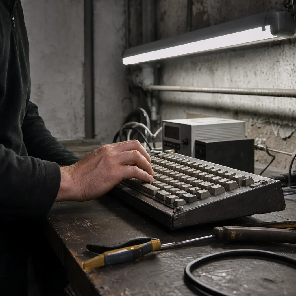 In the hum of worn machinery, code becomes the blueprint of unseen order amid industrial grit.