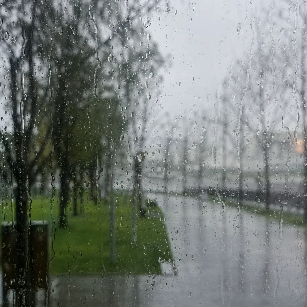 Sometimes the quietest connections happen through the softened veil of rain, where human presence blurs into the pulse of nature beyond.