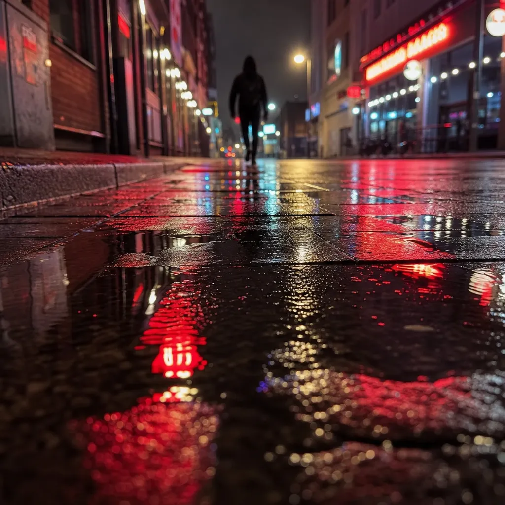 A fleeting moment where neon reflections fracture on rain-soaked pavement, revealing the city’s hidden rhythms beneath the chaos.