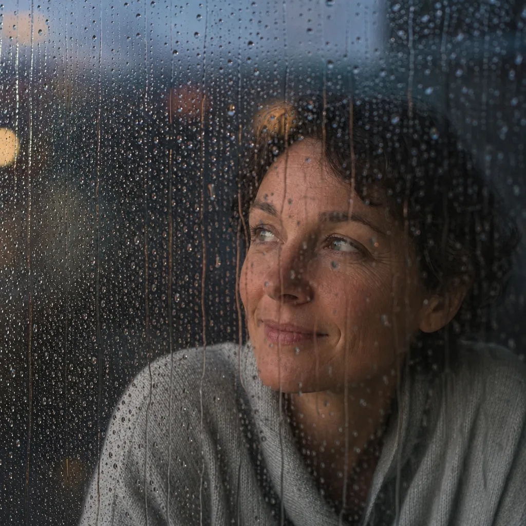 Behind a rain-streaked window, the blurred shapes of a tense moment remind us how silence often shadows unseen struggles.