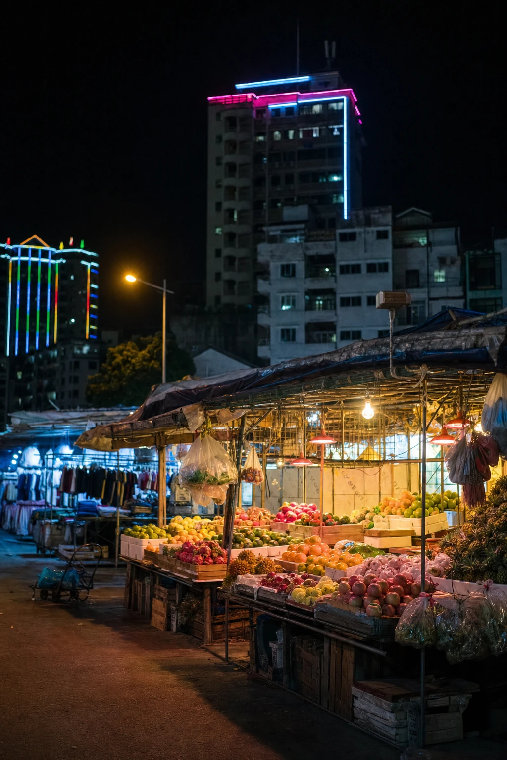Ambition trades in shadows and flickers, thriving in the crowded pulse of neon and whispered deals beneath a restless night sky.