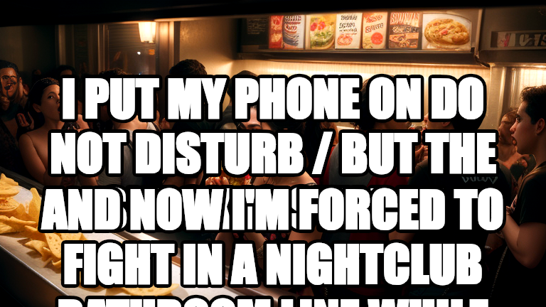 I PUT MY PHONE ON DO NOT DISTURB / BUT THE SNACK IS STILL BE / AND NOW I'M FORCED TO FIGHT IN A NIGHTCLUB BATHROOM LINE