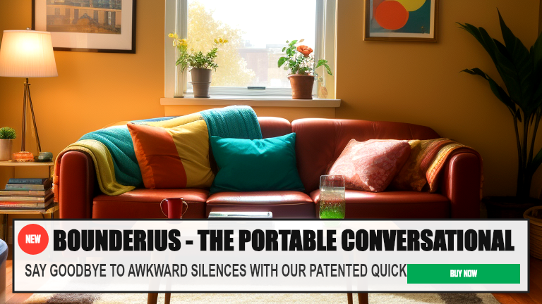 BOUNDERIUS - THE PORTABLE CONVERSATIONAL BUFFER — SAY GOODBYE TO AWKWARD SILENCES WITH OUR PATENTED QUICKFUZZ TECHNOLOGY