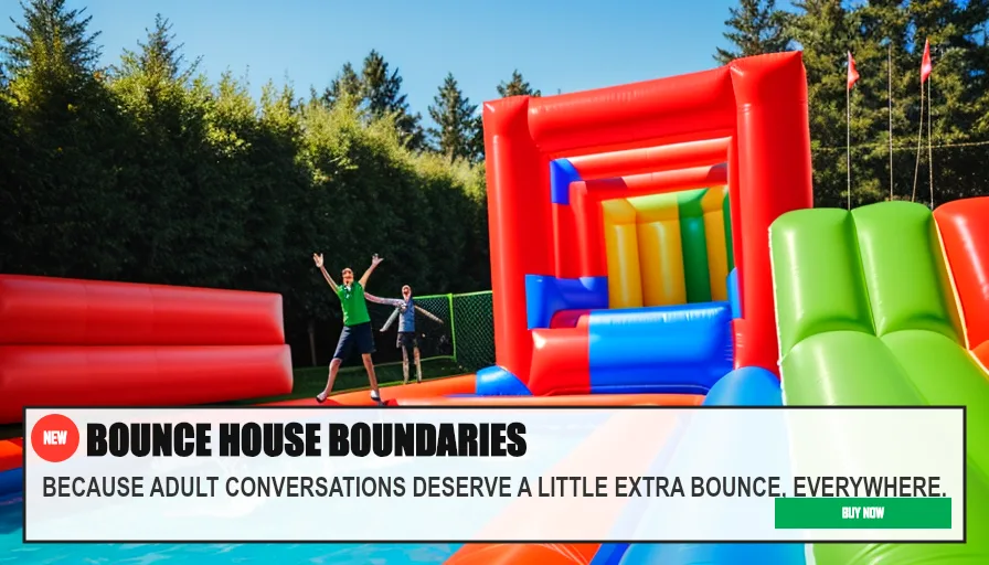 BOUNCE HOUSE BOUNDARIES — BECAUSE ADULT CONVERSATIONS DESERVE A LITTLE EXTRA BOUNCE, EVERYWHERE.. Original funny meme on Drift — endless humor feed.
