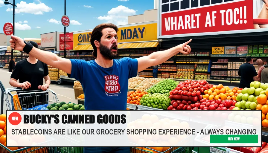 BUCKY'S CANNED GOODS — STABLECOINS ARE LIKE OUR GROCERY SHOPPING EXPERIENCE - ALWAYS CHANGING. Original funny meme on Drift — endless humor feed.