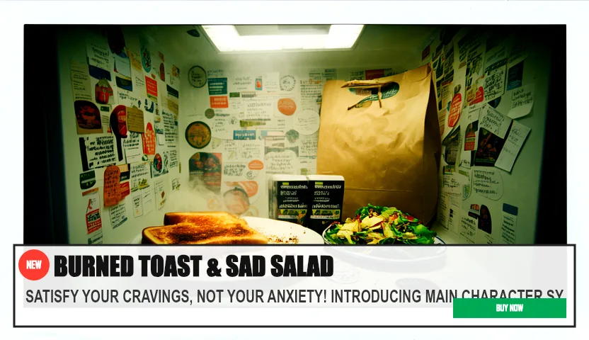 BURNED TOAST & SAD SALAD — SATISFY YOUR CRAVINGS, NOT YOUR ANXIETY! INTRODUCING MAIN CHARACTER SY. Original funny meme on Drifter — endless humor feed.