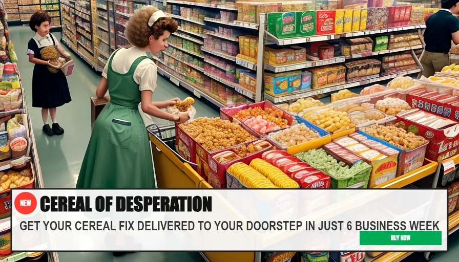 CEREAL OF DESPERATION — GET YOUR CEREAL FIX DELIVERED TO YOUR DOORSTEP IN JUST 6 BUSINESS WEEK. Original funny meme on Drift — endless humor feed.