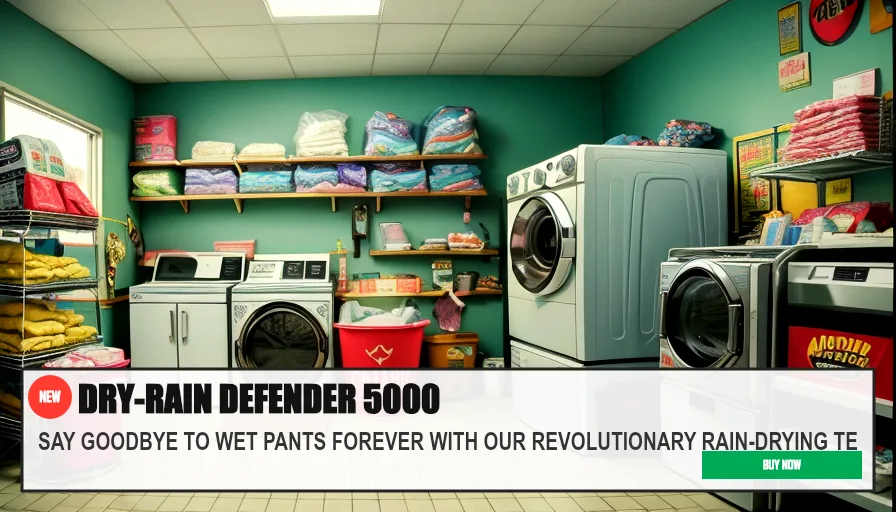 DRY-RAIN DEFENDER 5000 — SAY GOODBYE TO WET PANTS FOREVER WITH OUR REVOLUTIONARY RAIN-DRYING TE. Original funny meme on Drift — endless humor feed.