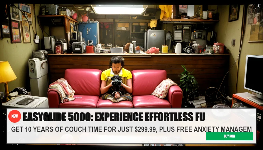 EASYGLIDE 5000: EXPERIENCE EFFORTLESS FURNITURE FJ — GET 10 YEARS OF COUCH TIME FOR JUST $299.99, PLUS FREE ANXIETY MANA. Original funny meme on Drift — endless humor feed.