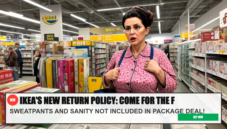 IKEA'S NEW RETURN POLICY: COME FOR THE FURNITURE, — SWEATPANTS AND SANITY NOT INCLUDED IN PACKAGE DEAL!. Original funny meme on Drift — endless humor feed.