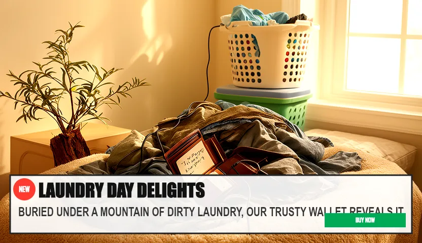 LAUNDRY DAY DELIGHTS — BURIED UNDER A MOUNTAIN OF DIRTY LAUNDRY, OUR TRUSTY WALLET REVEALS IT. Original funny meme on Drifter — endless humor feed.
