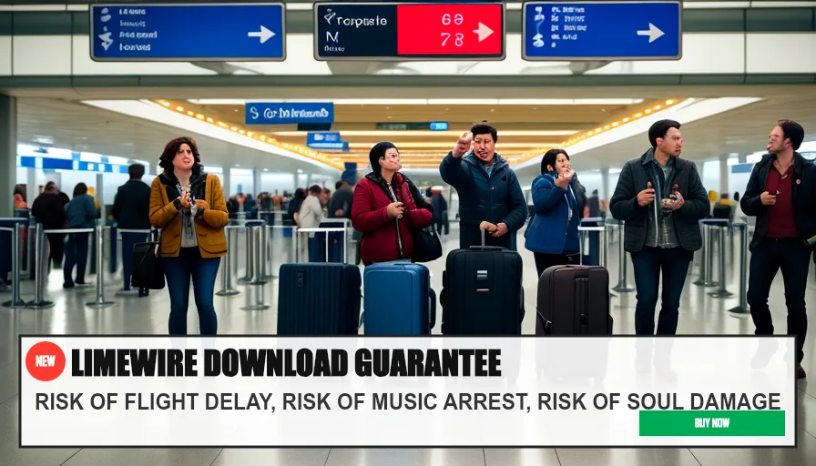LIMEWIRE DOWNLOAD GUARANTEE — RISK OF FLIGHT DELAY, RISK OF MUSIC ARREST, RISK OF SOUL DAMAGE. Original funny meme on Drift — endless humor feed.