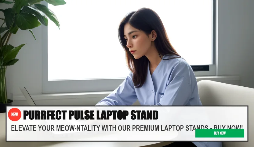 PURRFECT PULSE LAPTOP STAND — ELEVATE YOUR MEOW-NTALITY WITH OUR PREMIUM LAPTOP STANDS - BUY NOW!. Original funny meme on Drift — endless humor feed.