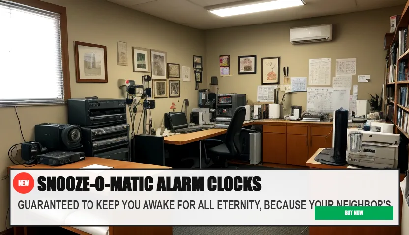 SNOOZE-O-MATIC ALARM CLOCKS — GUARANTEED TO KEEP YOU AWAKE FOR ALL ETERNITY, BECAUSE YOUR NEIGHBOR'S. Original funny meme on Drift — endless humor feed.