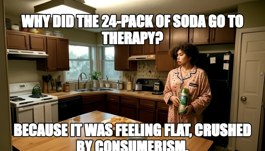 WHY DID THE 24-PACK OF SODA GO TO THERAPY? / BECAUSE IT WAS FEELING FLAT, CRUSHED BY CONSUMERISM.. Original funny meme on Drift — endless humor feed.