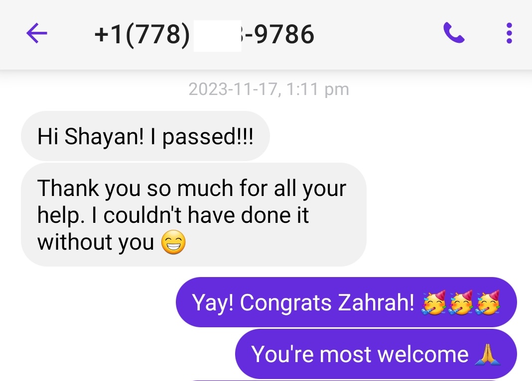 Student testimonial screenshot